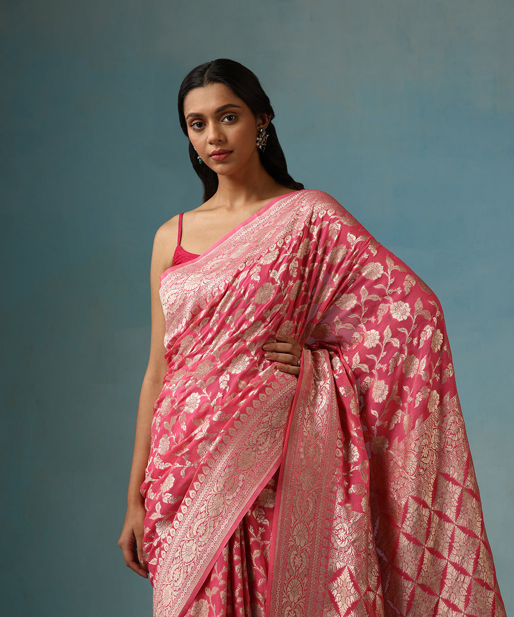 Handloom_Pink_Pure_Georgette_Banarasi_Saree_With_Allover_Cutwork_Jaal_WeaverStory_02