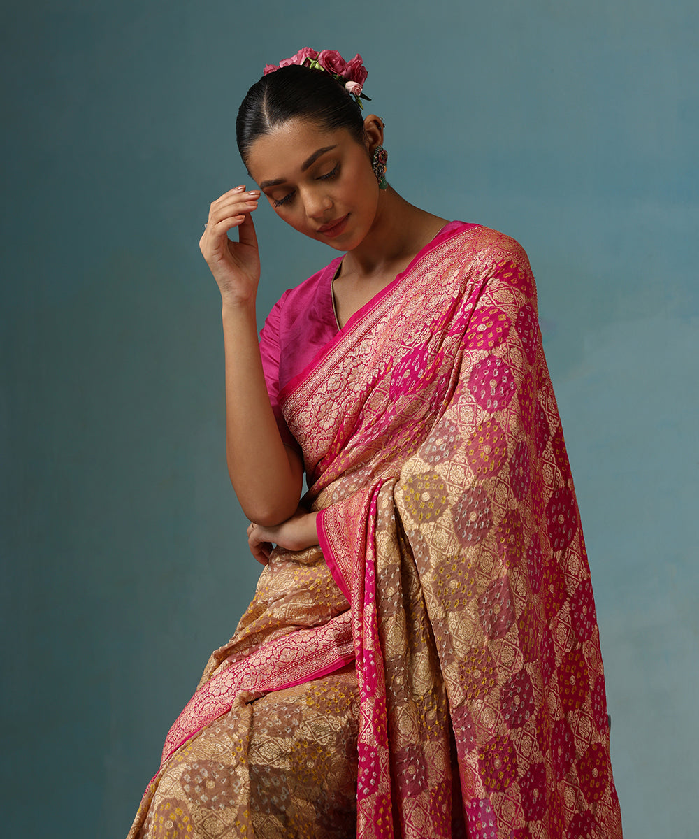 Handloom_Rani_Pink_Pure_Georgette_Banarasi_Bandhej_Saree_WeaverStory_02