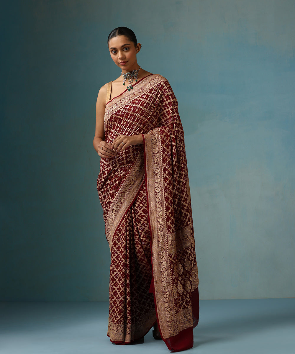 Handloom_Maroon_Pure_Georgette_Banarasi_Bandhej_Saree_With_Zari_Border_WeaverStory_01