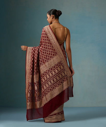 Handloom_Maroon_Pure_Georgette_Banarasi_Bandhej_Saree_With_Zari_Border_WeaverStory_03