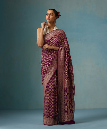 Purple_Handloom_Pure_Georgette_Banarasi_Bandhej_Saree_Cutwork_Jaal_WeaverStory_01