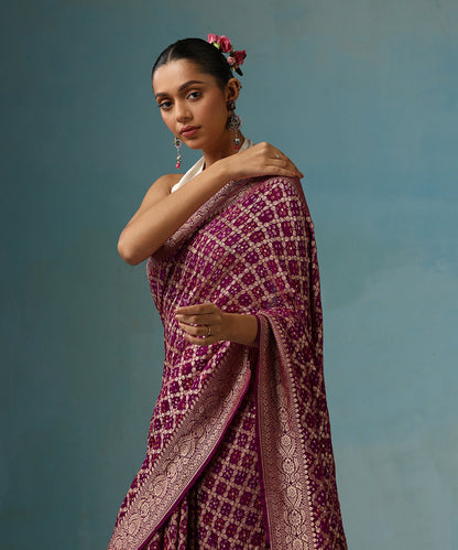 Purple_Handloom_Pure_Georgette_Banarasi_Bandhej_Saree_Cutwork_Jaal_WeaverStory_02