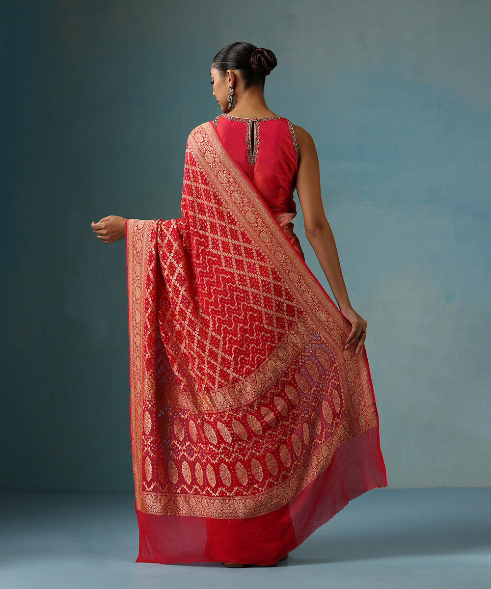 Handloom_Coral_Red_Pure_Georgette_Banarasi_Bandhej_Saree_WeaverStory_03