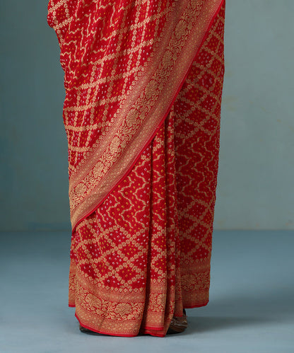 Handloom_Coral_Red_Pure_Georgette_Banarasi_Bandhej_Saree_WeaverStory_04