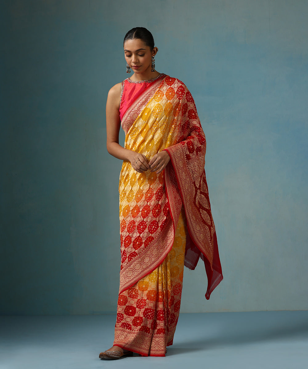 Red_Orange_And_Yellow_Handloom_Ombre_Dyed_Pure_Georgette_Banarasi_Bandhej_Saree_WeaverStory_01