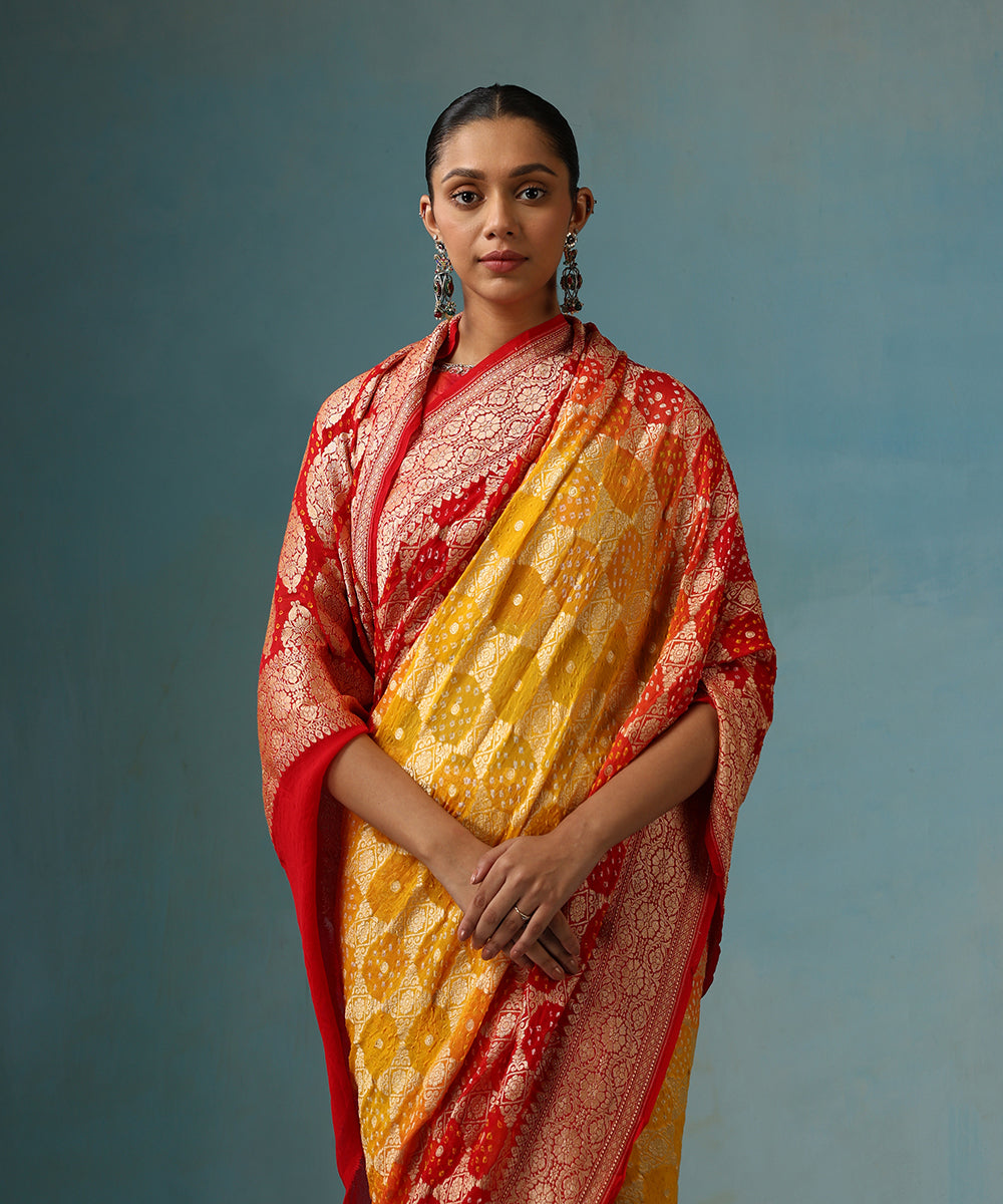 Red_Orange_And_Yellow_Handloom_Ombre_Dyed_Pure_Georgette_Banarasi_Bandhej_Saree_WeaverStory_02