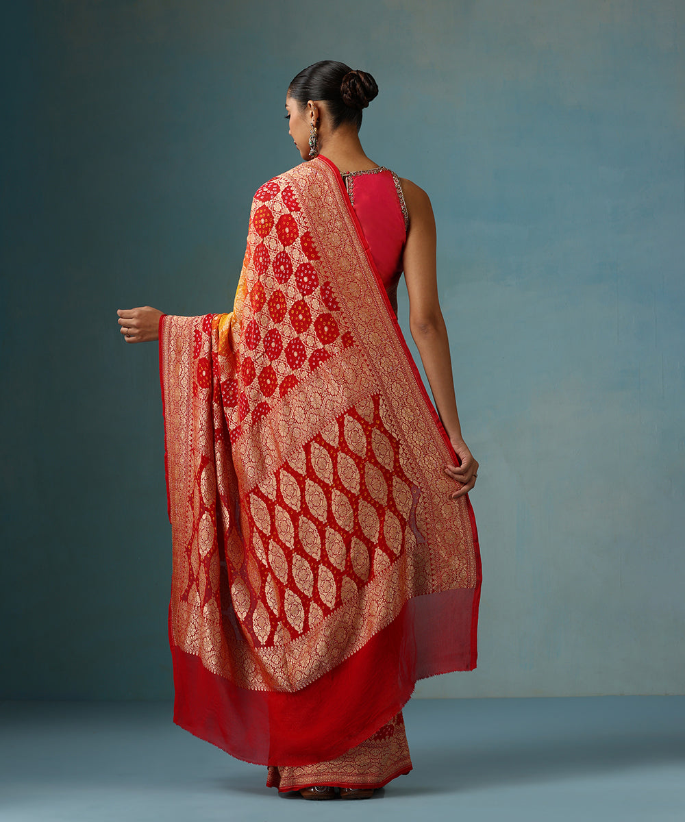 Red_Orange_And_Yellow_Handloom_Ombre_Dyed_Pure_Georgette_Banarasi_Bandhej_Saree_WeaverStory_03