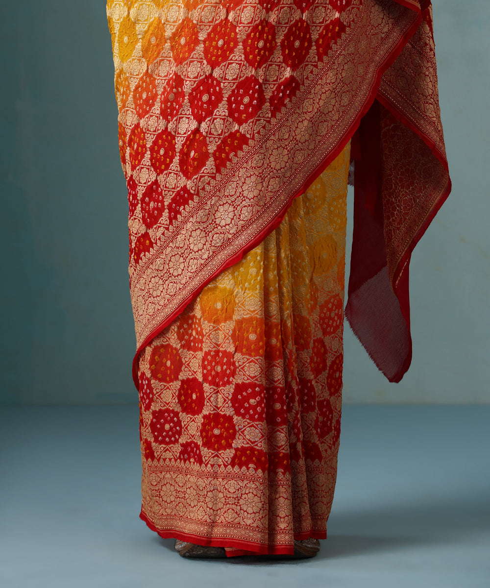 Red_Orange_And_Yellow_Handloom_Ombre_Dyed_Pure_Georgette_Banarasi_Bandhej_Saree_WeaverStory_04