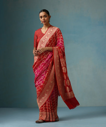 Rani_Pink_And_Red_Ombre_Dyed_Handloom_Pure_Georgette_Banarasi_Bandhej_Saree_WeaverStory_01