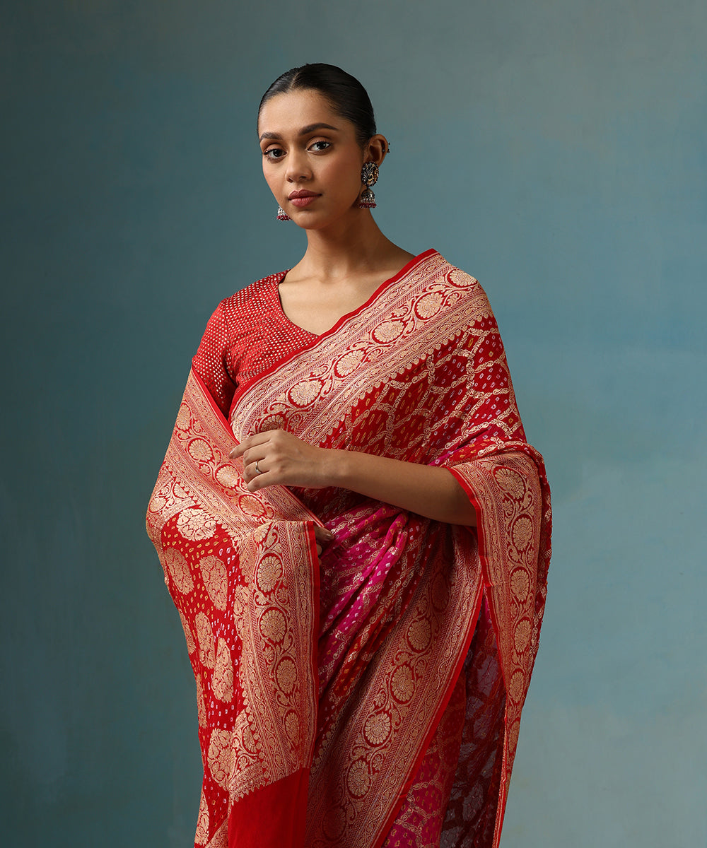 Rani_Pink_And_Red_Ombre_Dyed_Handloom_Pure_Georgette_Banarasi_Bandhej_Saree_WeaverStory_02