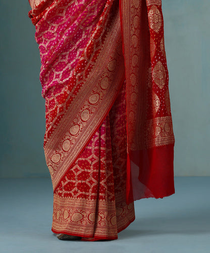 Rani_Pink_And_Red_Ombre_Dyed_Handloom_Pure_Georgette_Banarasi_Bandhej_Saree_WeaverStory_04