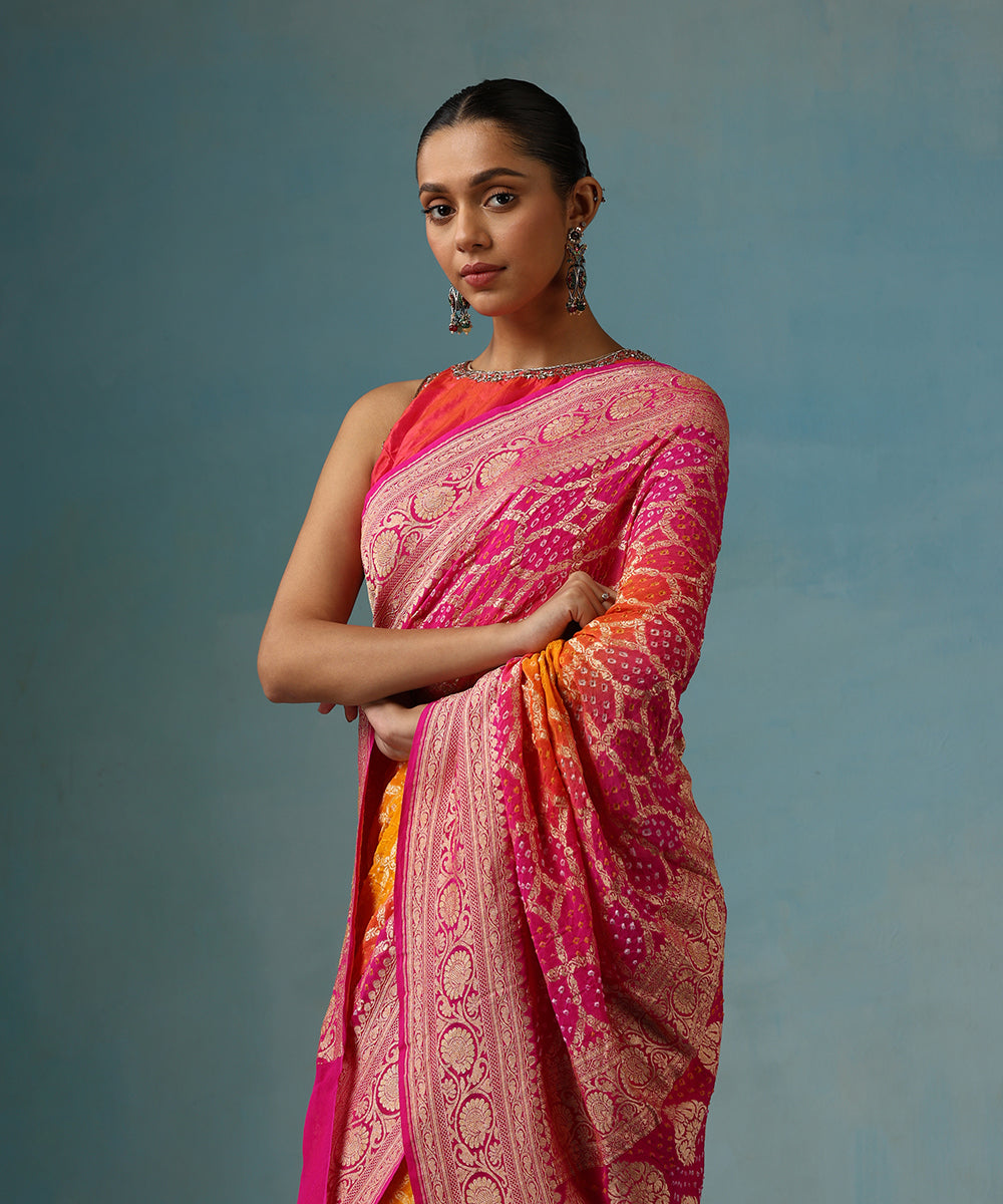 Handloom_Pink_And_Yellow_Ombre_Dyed_Pure_Georgette_Banarasi_Bandhej_Saree_WeaverStory_02