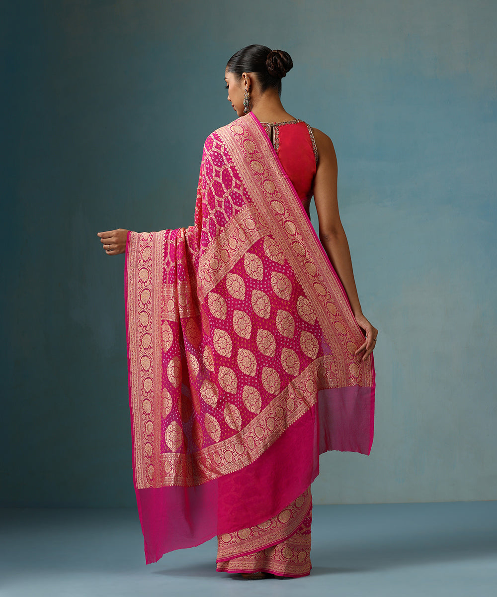 Handloom_Pink_And_Yellow_Ombre_Dyed_Pure_Georgette_Banarasi_Bandhej_Saree_WeaverStory_03