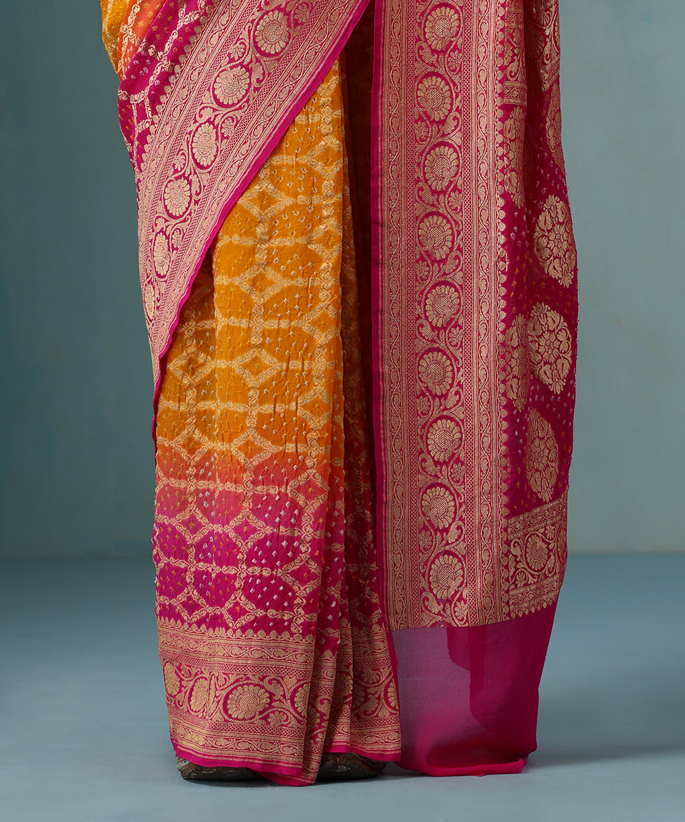 Handloom_Pink_And_Yellow_Ombre_Dyed_Pure_Georgette_Banarasi_Bandhej_Saree_WeaverStory_04