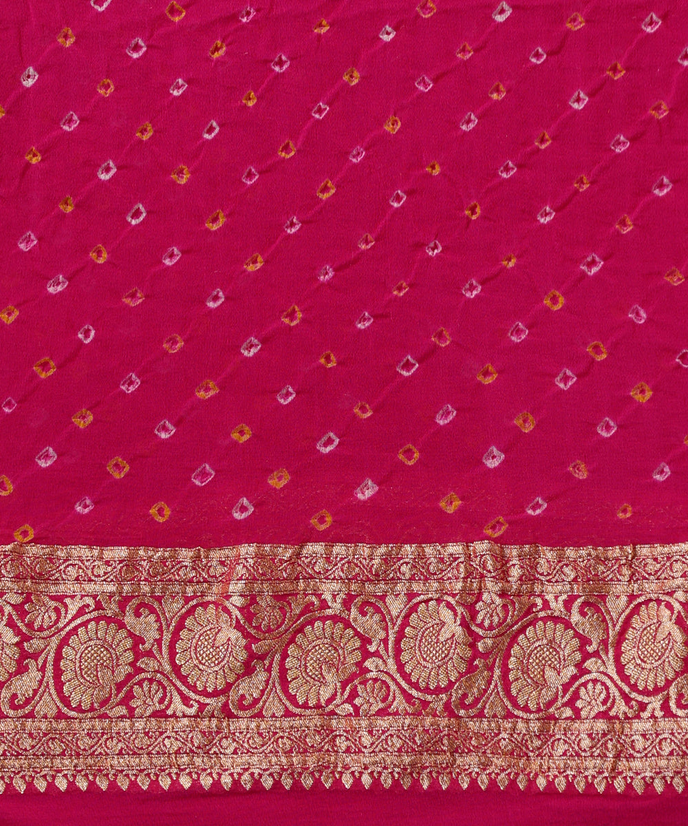 Handloom_Pink_And_Yellow_Ombre_Dyed_Pure_Georgette_Banarasi_Bandhej_Saree_WeaverStory_05