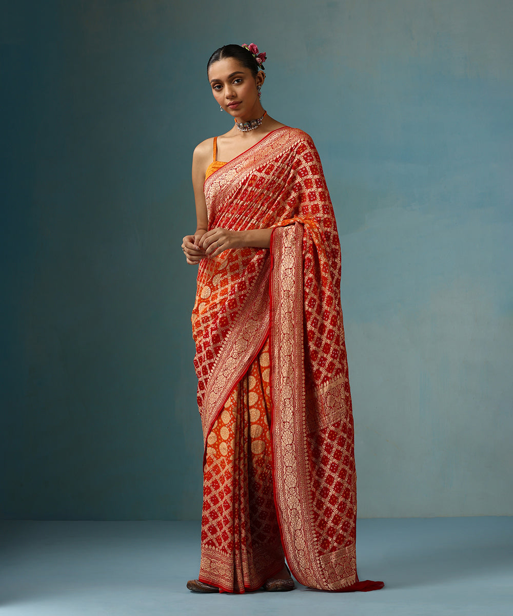 Red_And_Orange_Handloom_Ombre_Dyed_Pure_Georgette_Banarasi_Bandhej_Saree_WeaverStory_01