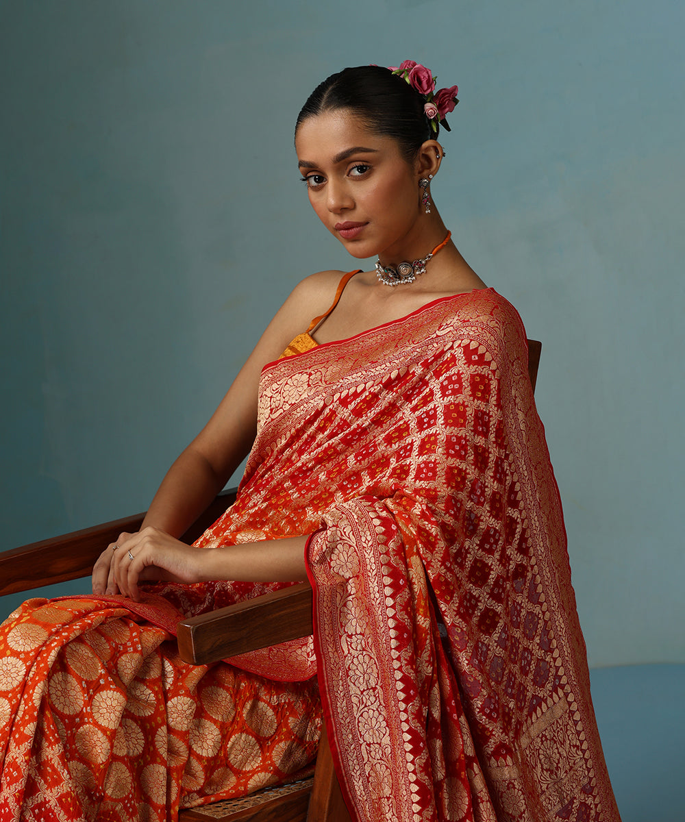 Red_And_Orange_Handloom_Ombre_Dyed_Pure_Georgette_Banarasi_Bandhej_Saree_WeaverStory_02