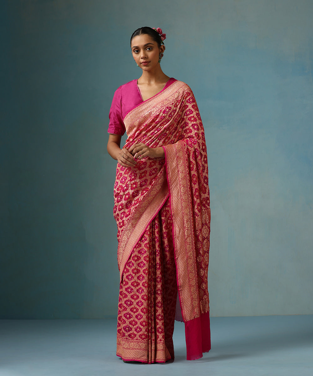 Rani_Pink_Handloom_Pure_Georgette_Banarasi_Bandhej_Saree_With_Floral_Jaal_WeaverStory_01