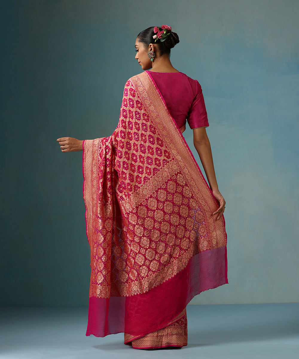 Rani_Pink_Handloom_Pure_Georgette_Banarasi_Bandhej_Saree_With_Floral_Jaal_WeaverStory_03