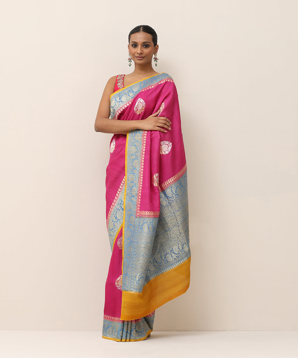 Handloom_Rani_Pink_Pure_Tusser_Georgette_Banarasi_Saree_With_Light_Blue_Border_WeaverStory_01