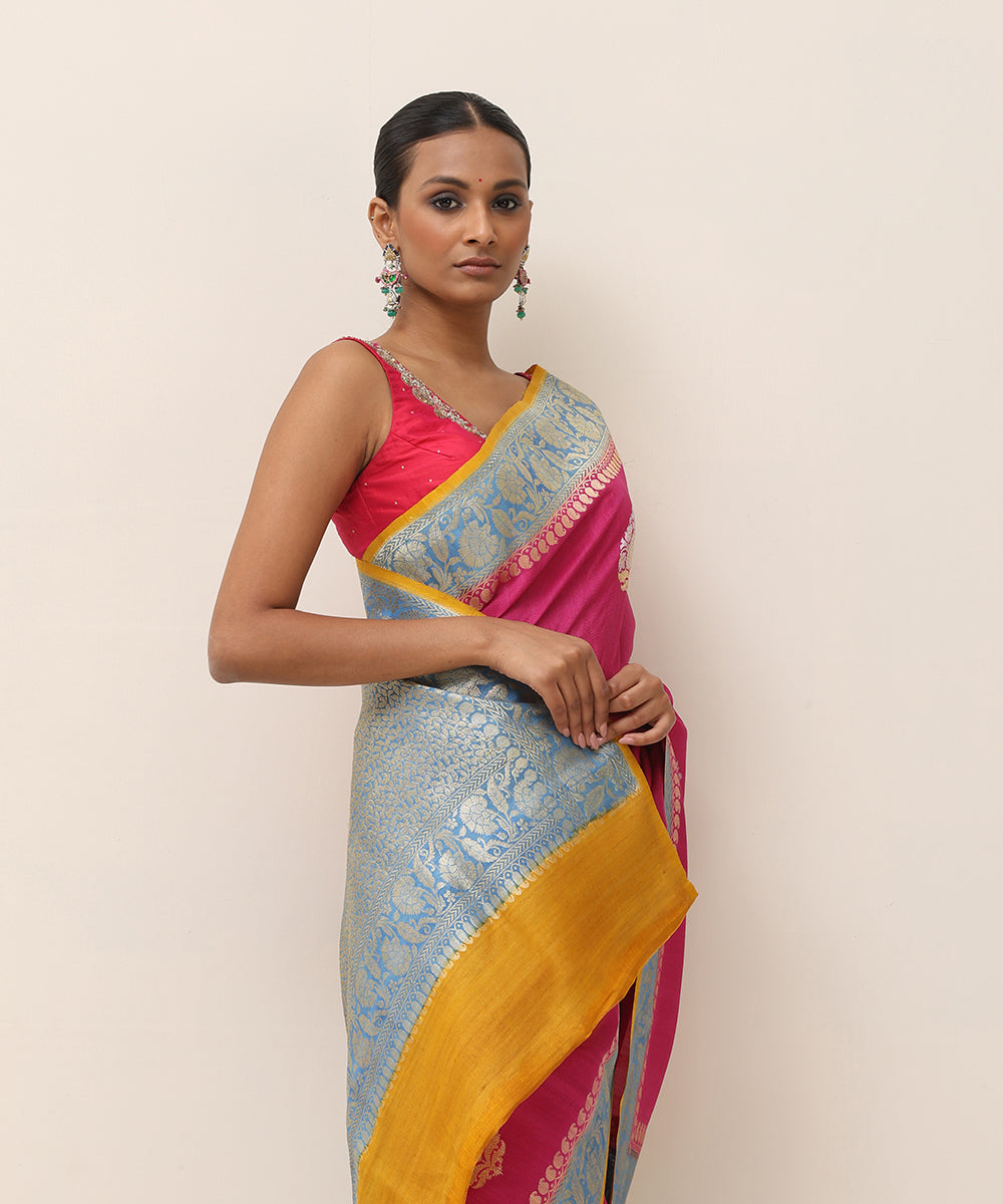 Handloom_Rani_Pink_Pure_Tusser_Georgette_Banarasi_Saree_With_Light_Blue_Border_WeaverStory_02