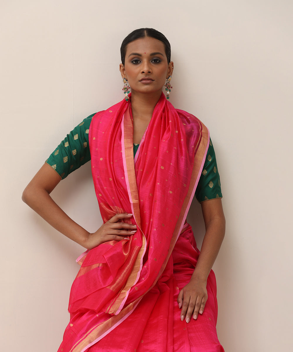 Rani_Pink_Handloom_Pure_Silk_Chanderi_Saree_With_Allover_Gold_Zari_Boota_WeaverStory_02