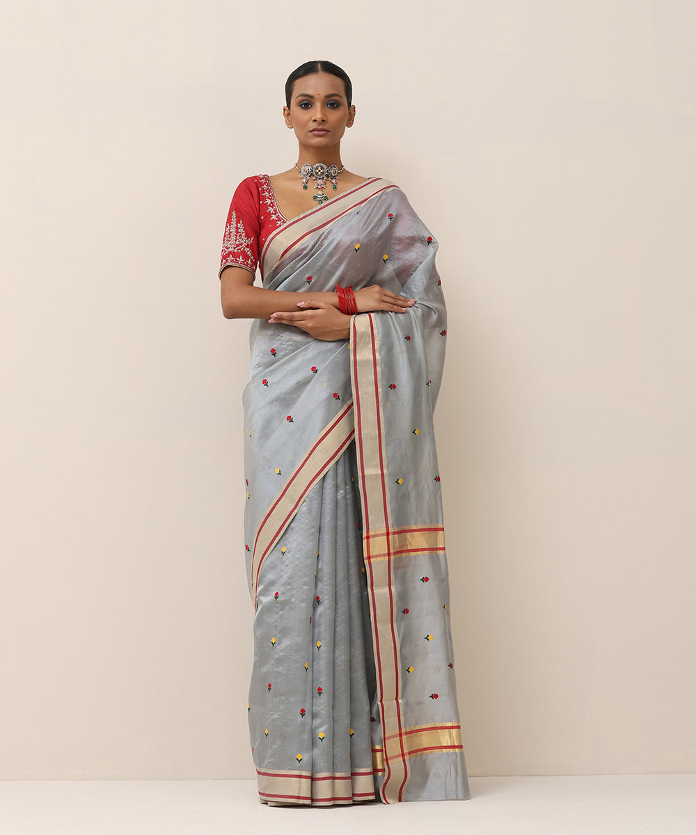 Handloom_Ice_Blue_Pure_Silk_Chanderi_Saree_With_Red_And_Yellow_Small_Flower_WeaverStory_01