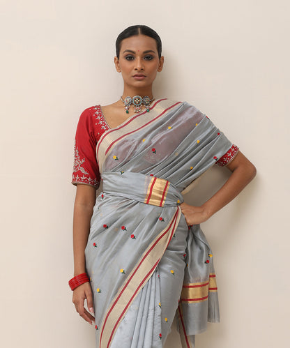 Handloom_Ice_Blue_Pure_Silk_Chanderi_Saree_With_Red_And_Yellow_Small_Flower_WeaverStory_02