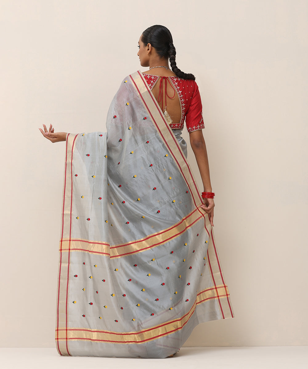 Handloom_Ice_Blue_Pure_Silk_Chanderi_Saree_With_Red_And_Yellow_Small_Flower_WeaverStory_03