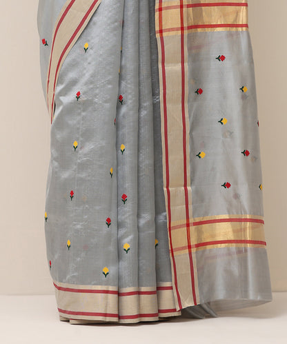 Handloom_Ice_Blue_Pure_Silk_Chanderi_Saree_With_Red_And_Yellow_Small_Flower_WeaverStory_04