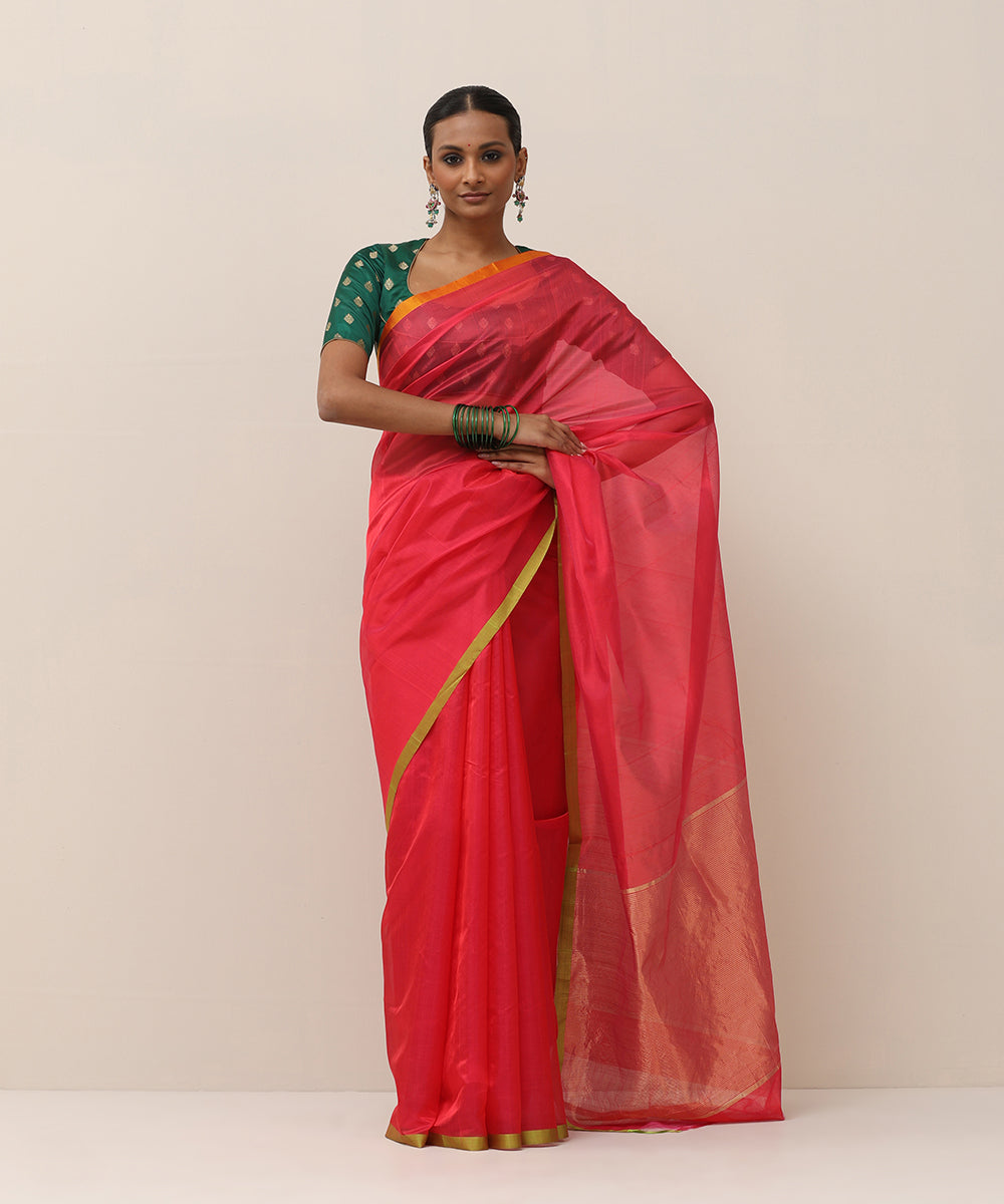 Handloom_Pink_Pure_Silk_Chanderi_Saree_With_Orange_And_Green_Thin_Border_WeaverStory_01