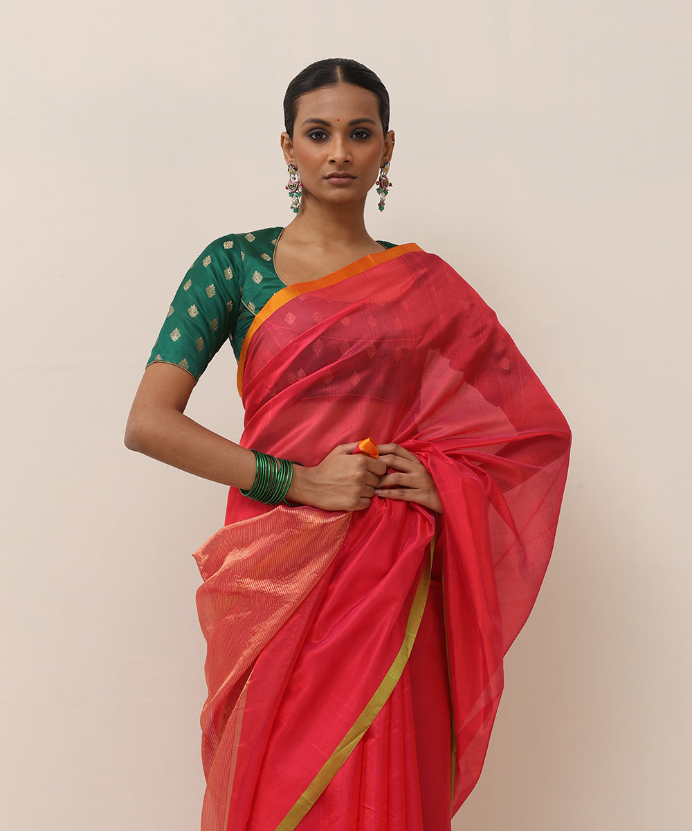 Handloom_Pink_Pure_Silk_Chanderi_Saree_With_Orange_And_Green_Thin_Border_WeaverStory_02