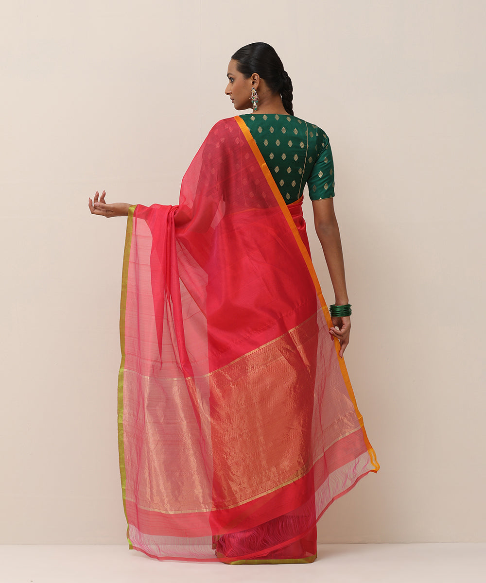 Handloom_Pink_Pure_Silk_Chanderi_Saree_With_Orange_And_Green_Thin_Border_WeaverStory_03