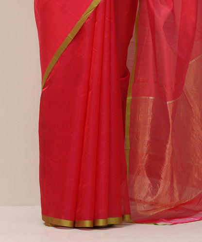 Handloom_Pink_Pure_Silk_Chanderi_Saree_With_Orange_And_Green_Thin_Border_WeaverStory_04