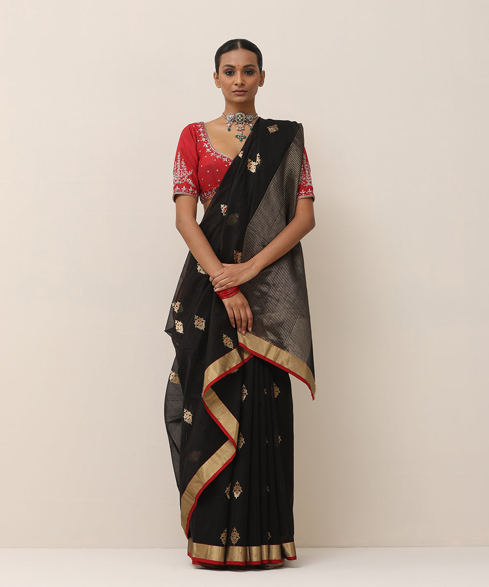 Handloom_Black_Pure_Cotton_Chanderi_Saree_With_Flower_Meena_Boota_And_Red_Selvedge_WeaverStory_01