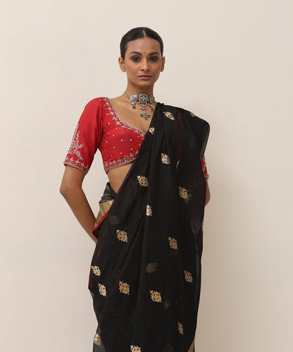 Handloom_Black_Pure_Cotton_Chanderi_Saree_With_Flower_Meena_Boota_And_Red_Selvedge_WeaverStory_02