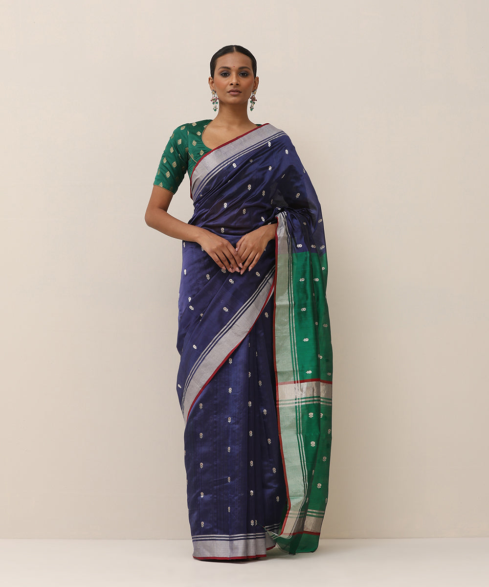 Blue_Handloom_Pure_Silk_Chanderi_Saree_With_Green_Pallu_WeaverStory_01