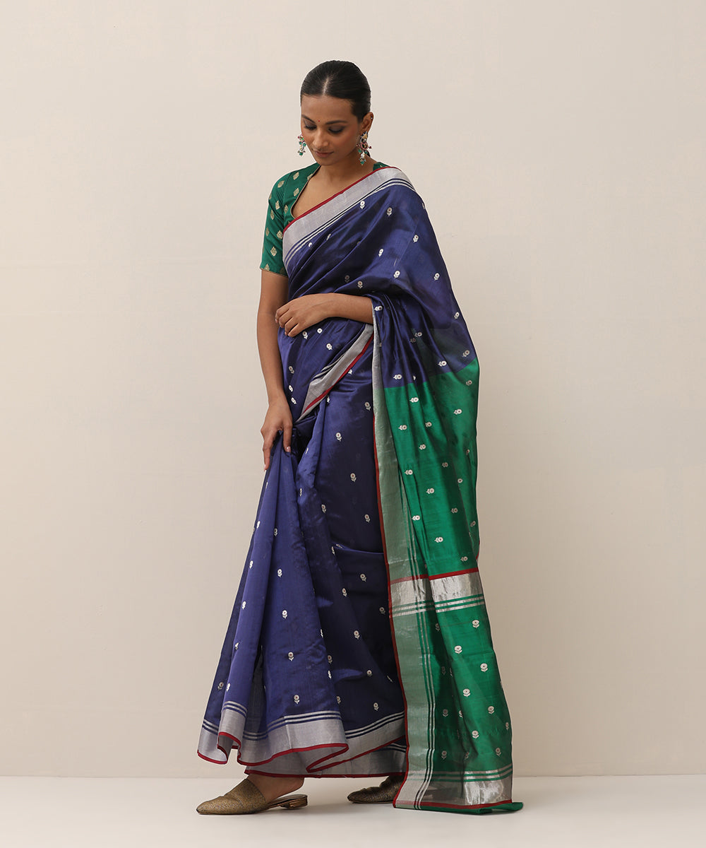 Blue_Handloom_Pure_Silk_Chanderi_Saree_With_Green_Pallu_WeaverStory_02