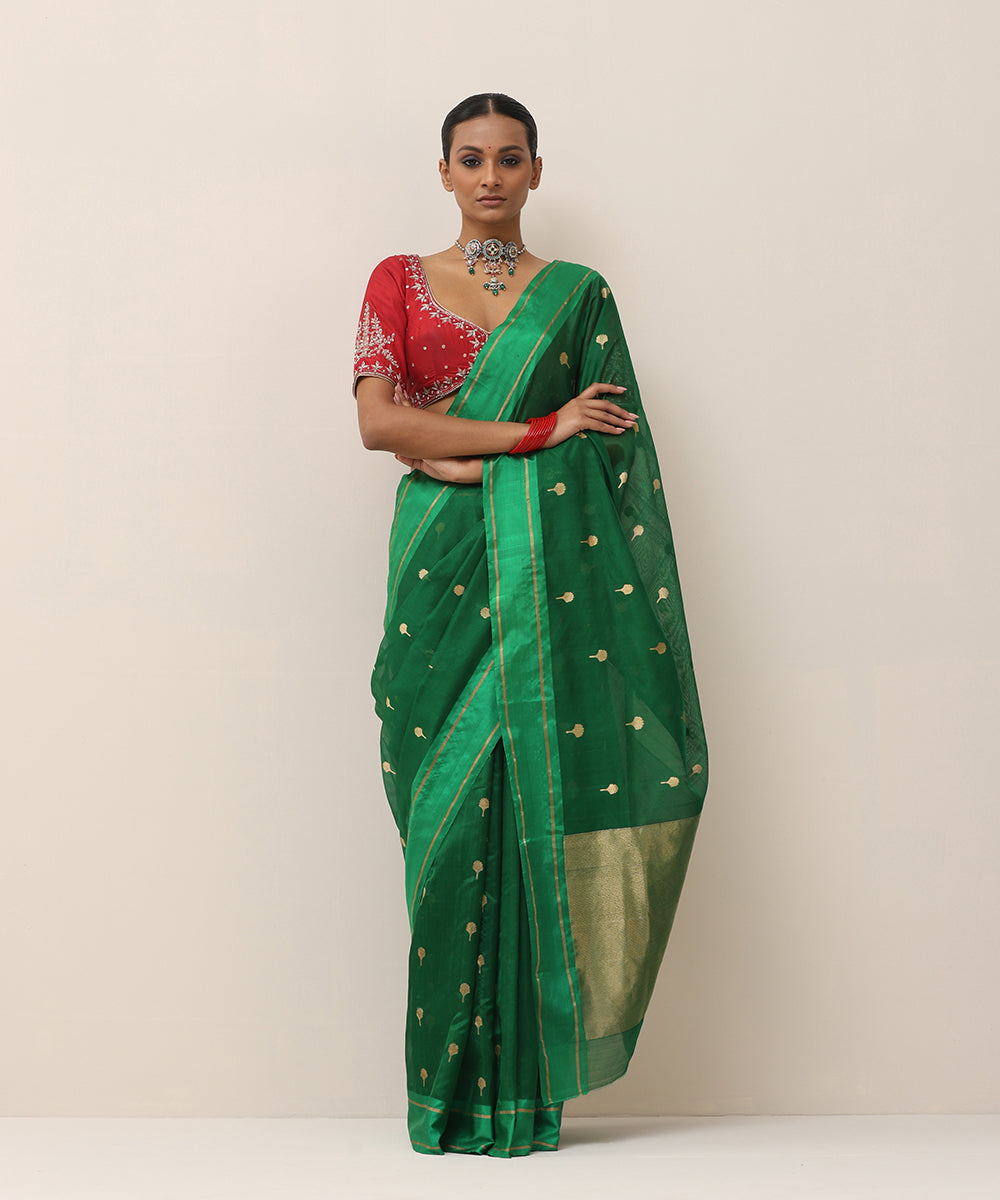 Handloom_Bottle_Green_Pure_Silk_Chanderi_Saree_With_Gold_Zari_Small_Flower_Motif_WeaverStory_01