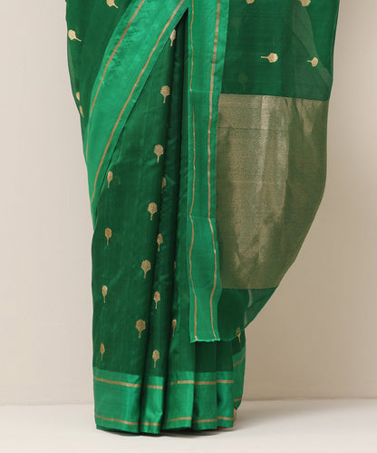 Handloom_Bottle_Green_Pure_Silk_Chanderi_Saree_With_Gold_Zari_Small_Flower_Motif_WeaverStory_04