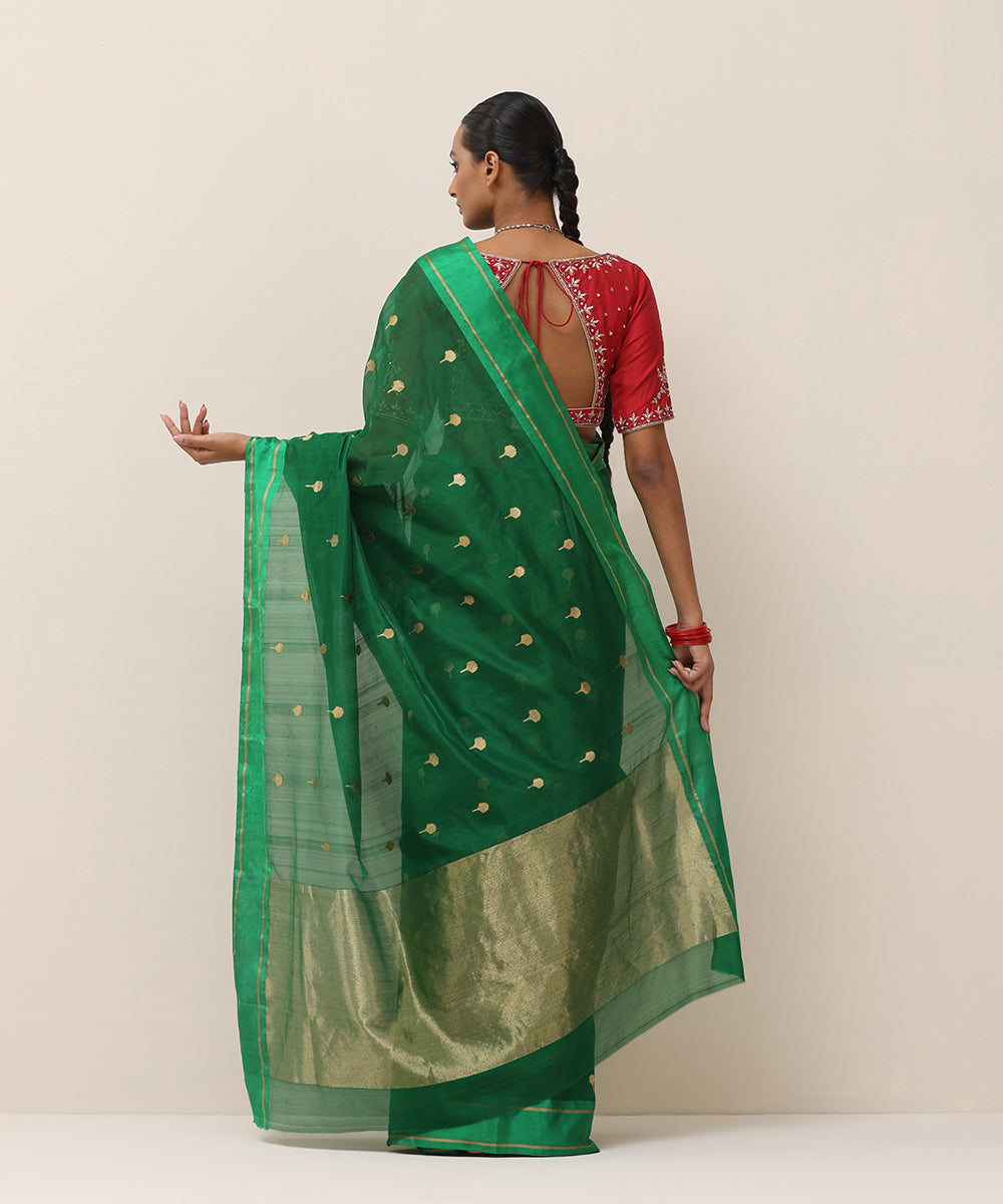 Handloom_Bottle_Green_Pure_Silk_Chanderi_Saree_With_Gold_Zari_Small_Flower_Motif_WeaverStory_03