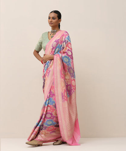 Pink_And_Blue_Handloom_Pure_Georgette_Rangkaat_Banarasi_Saree_With_Floral_Jaal_WeaverStory_01