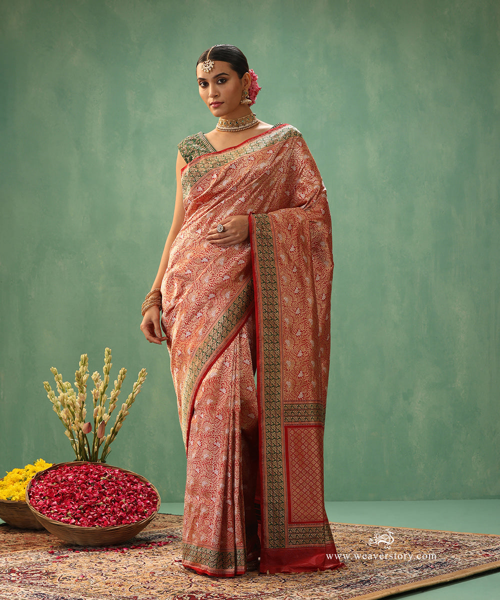 Red-Handloom-Pure-Katan-Silk-Real-Zari-Kimkhab-Banarasi-Saree-With-Green-Border_WeaverStory_02