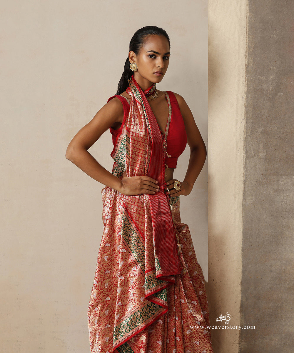 Ahilya — Red Handloom Real Zari Banarasi Kimkhab Saree in Pure Katan Silk