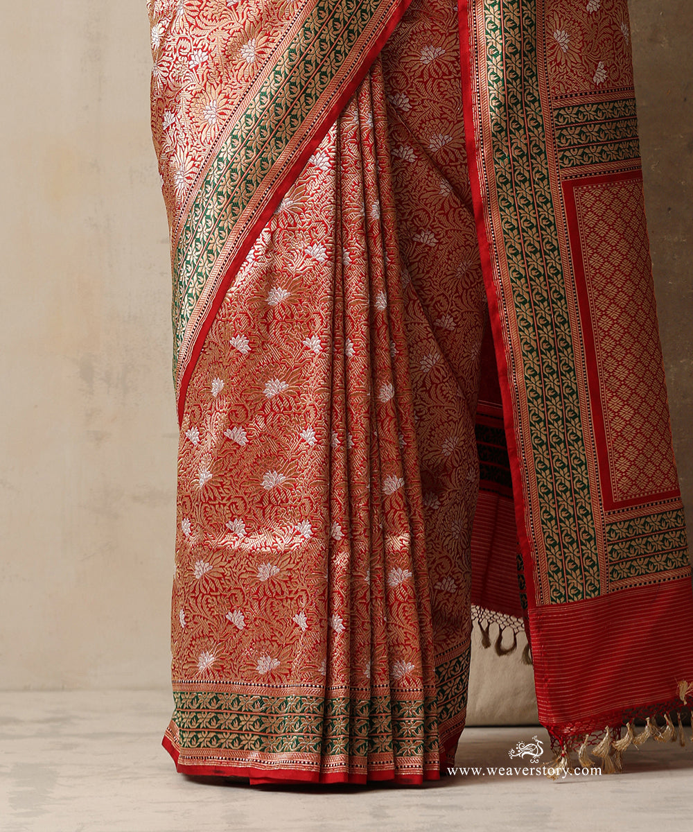 Ahilya — Red Handloom Real Zari Banarasi Kimkhab Saree in Pure Katan Silk