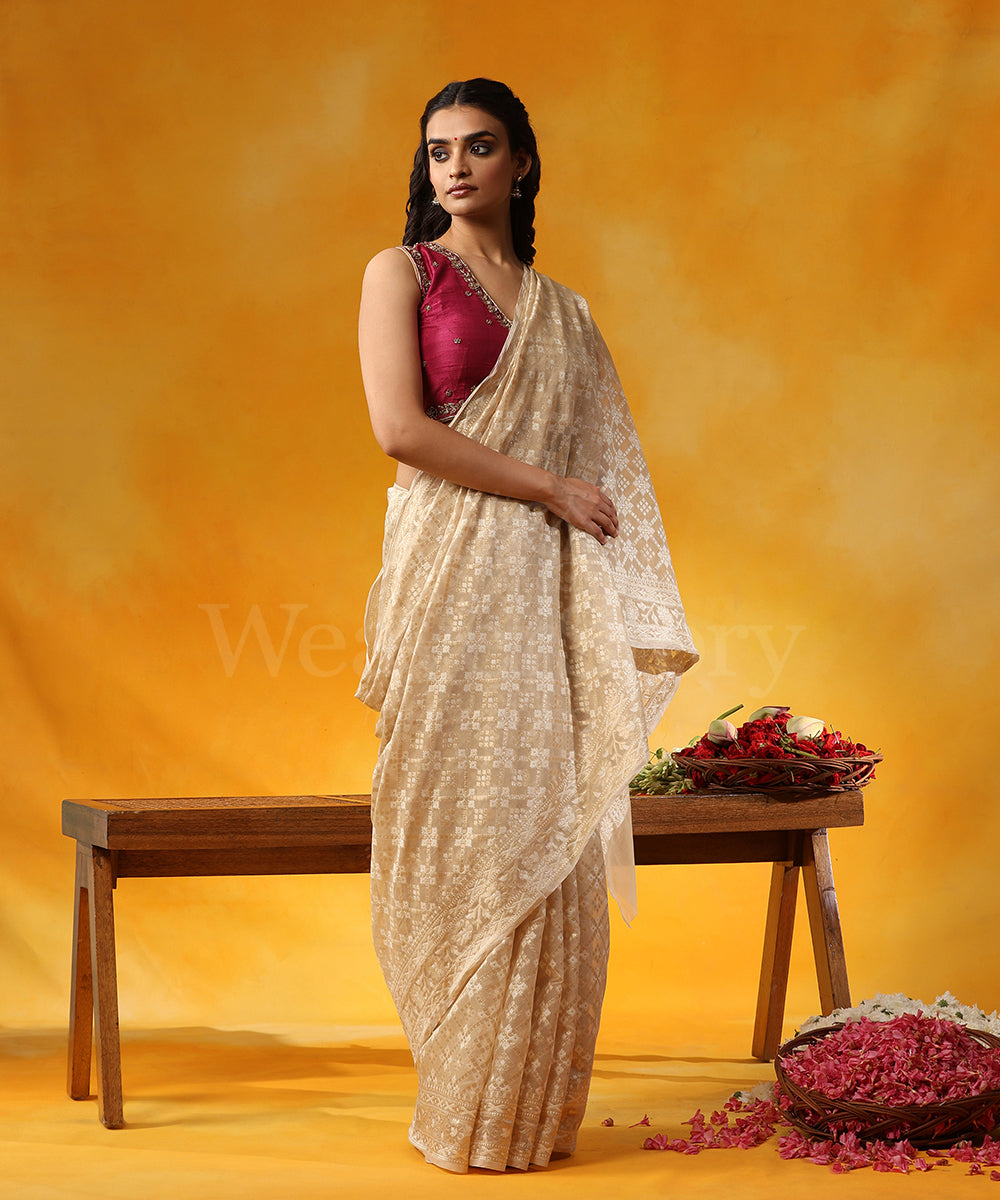 Handloom_Beige_Pure_Kora_Cotton_Banarasi_Saree_With_Jamdani_Weave_WeaverStory_01