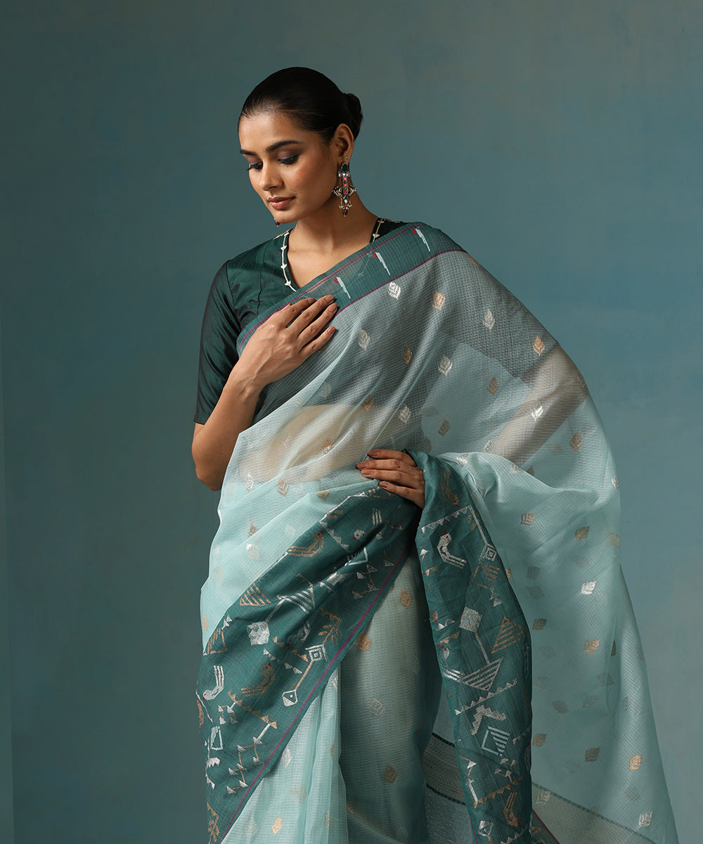 Ice_Blue_Handloom_Pure_Kota_Silk_Saree_With_Green_Border_And_Parrot_Motif_WeaverStory_01