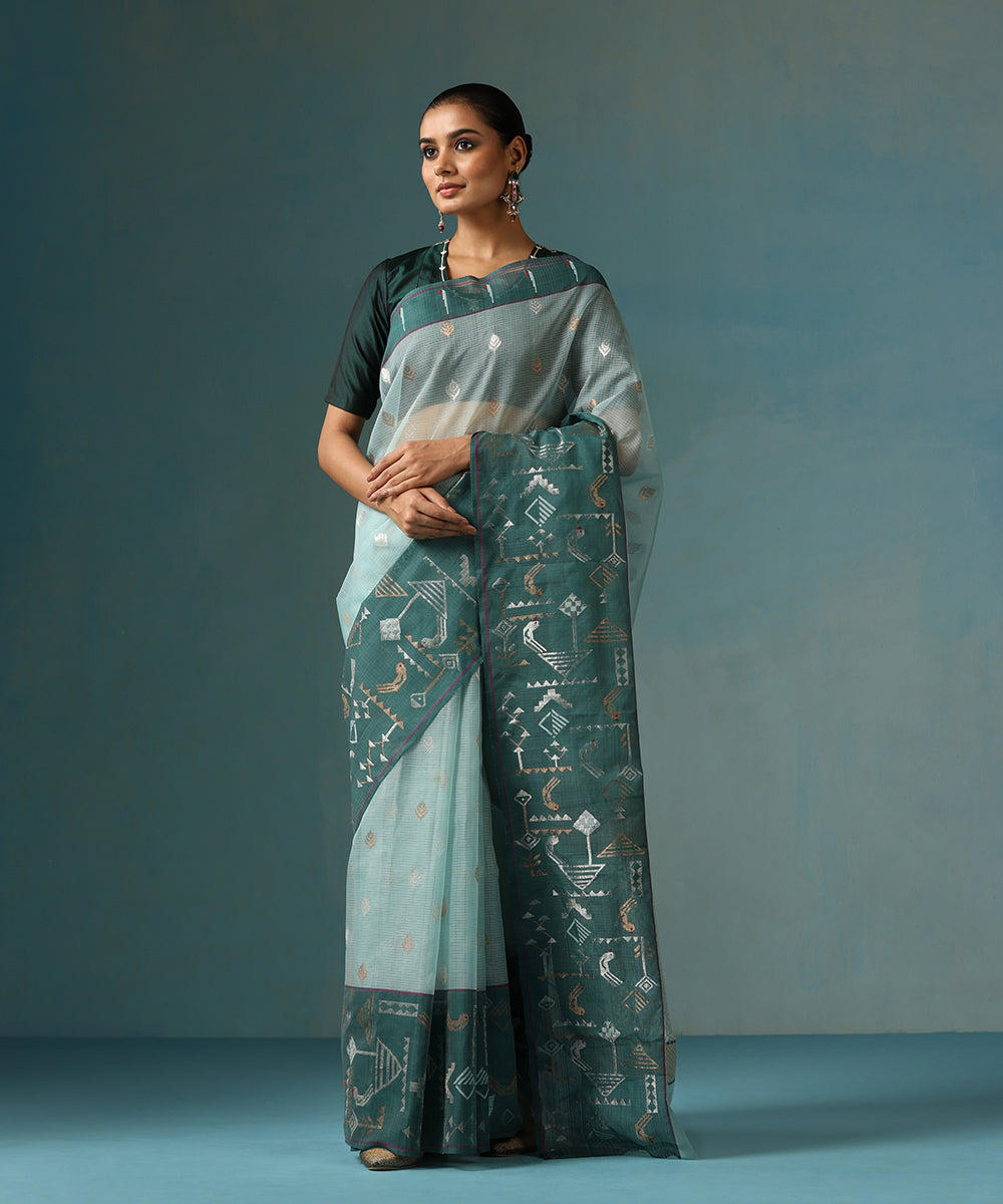 Ice_Blue_Handloom_Pure_Kota_Silk_Saree_With_Green_Border_And_Parrot_Motif_WeaverStory_02