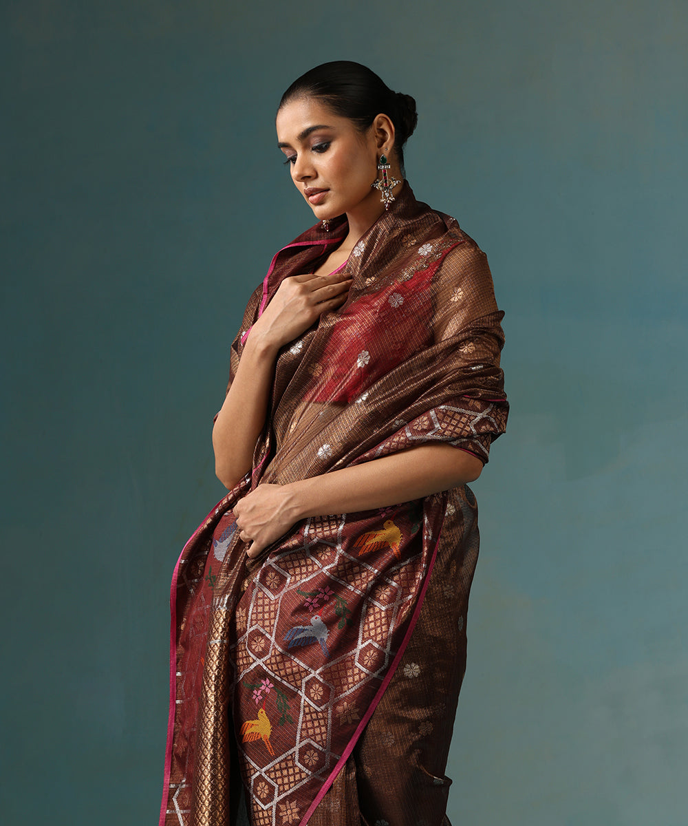 Handloom_Coke_Brown_Pure_Kota_Silk_Saree_Zari_Border_With_Parrot_Motif_WeaverStory_01