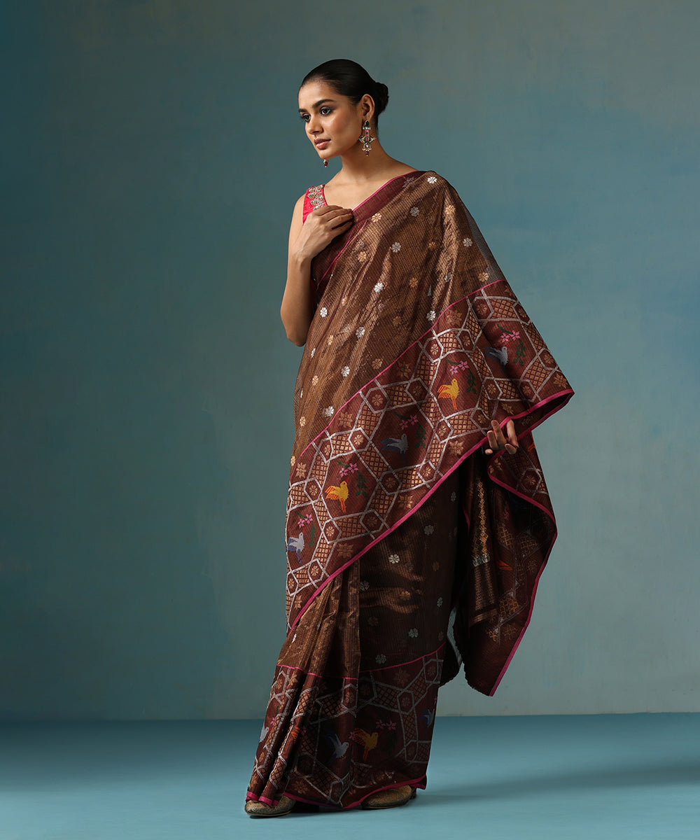 Handloom_Coke_Brown_Pure_Kota_Silk_Saree_Zari_Border_With_Parrot_Motif_WeaverStory_02